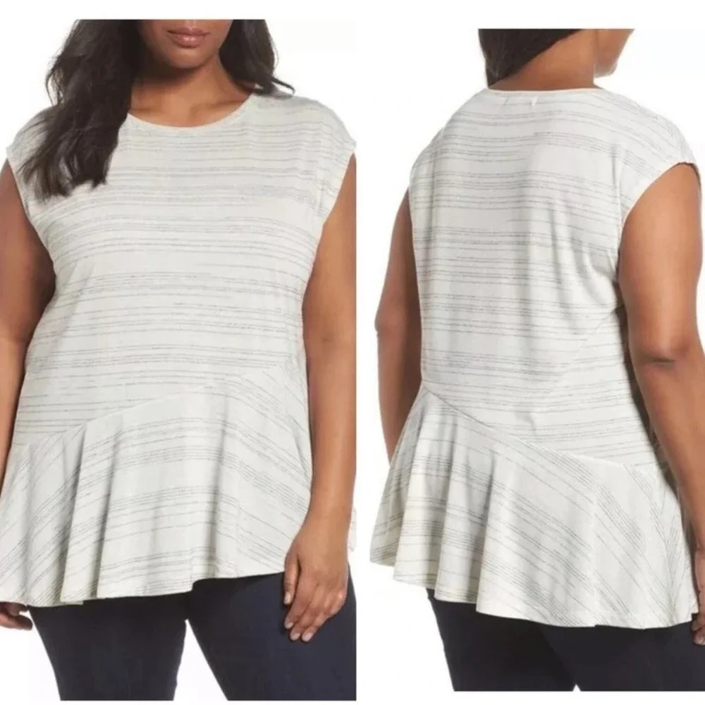 Sejour Cap Sleeve Asymmetrical Hem Stripe Tee Tank